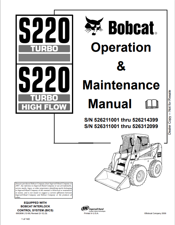 BOBCAT S220 TURBO, S220 TURBO HIGH FLOW OPERATION AND MAINTENANCE MANUAL 6902696 PDF