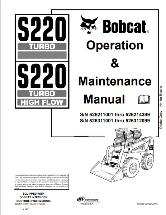 BOBCAT S220 TURBO, S220 TURBO HIGH FLOW OPERATION AND MAINTENANCE MANUAL 6902696 PDF