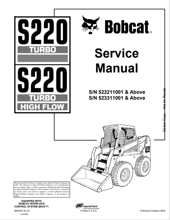BOBCAT S220 TURBO, S220 TURBO HIGH FLOW SERVICE MANUAL 6902447 PDF