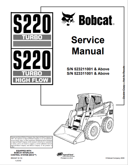 BOBCAT S220 TURBO, S220 TURBO HIGH FLOW SERVICE MANUAL 6902447 PDF