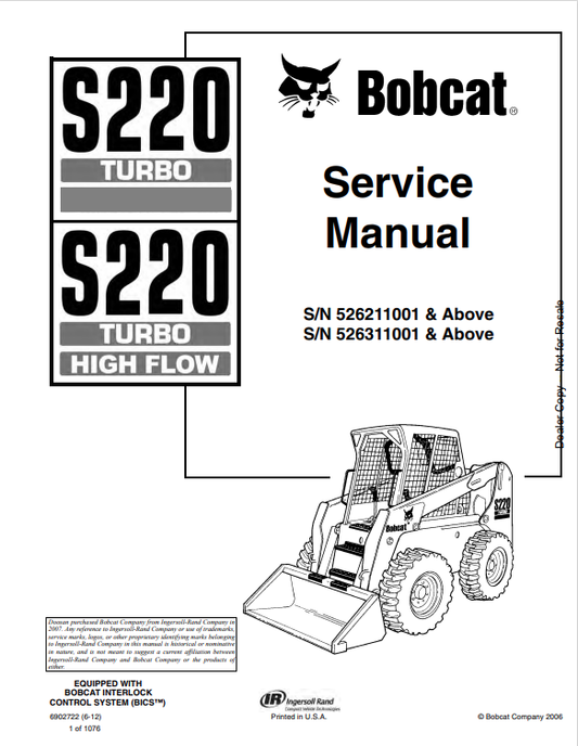 BOBCAT S220 TURBO, S220 TURBO HIGH FLOW SERVICE MANUAL 6902722 PDF