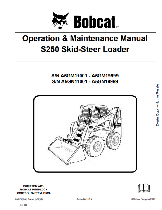 BOBCAT S250 SKID STEER LOADER OPERATION AND MAINTENANCE MANUAL 6986971 PDF