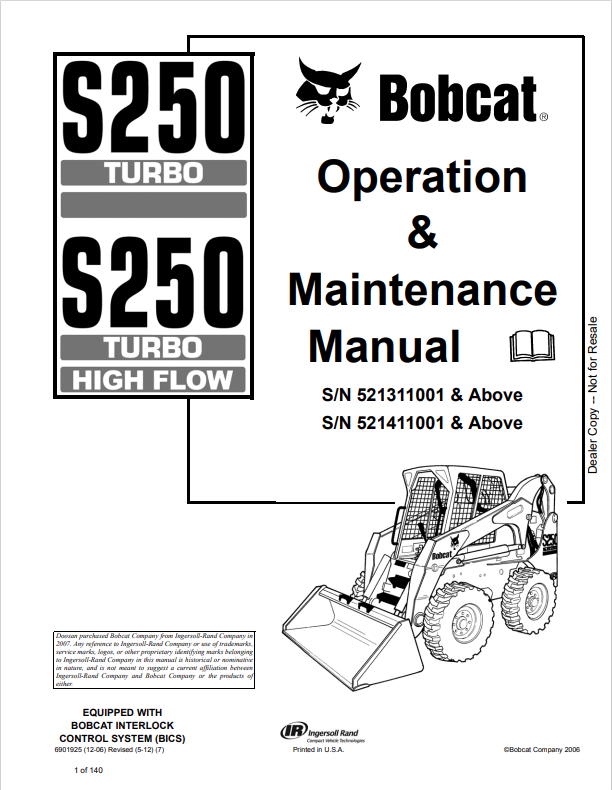 BOBCAT S250 TURBO, S250 TURBO HIGH FLOW OPERATION AND MAINTENANCE MANUAL 6901925 PDF