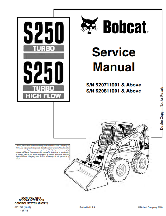 BOBCAT S250 TURBO, S250 TURBO HIGH FLOW SERVICE MANUAL 6901752 PDF