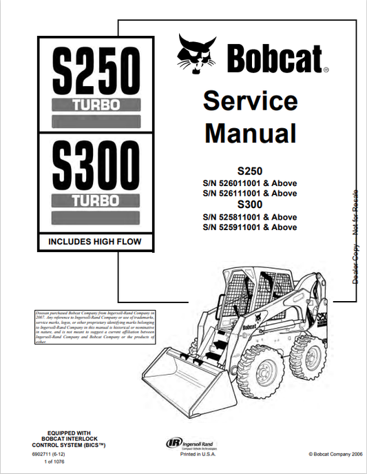BOBCAT S250 TURBO, S300 TURBO HIGH FLOW SERVICE MANUAL 6902711 PDF