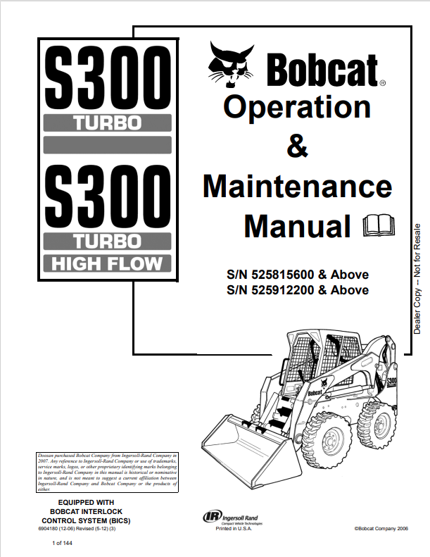BOBCAT S300 TURBO, S300 TURBO HIGH FLOW OPERATION AND MAINTENANCE MANUAL 6904180 PDF