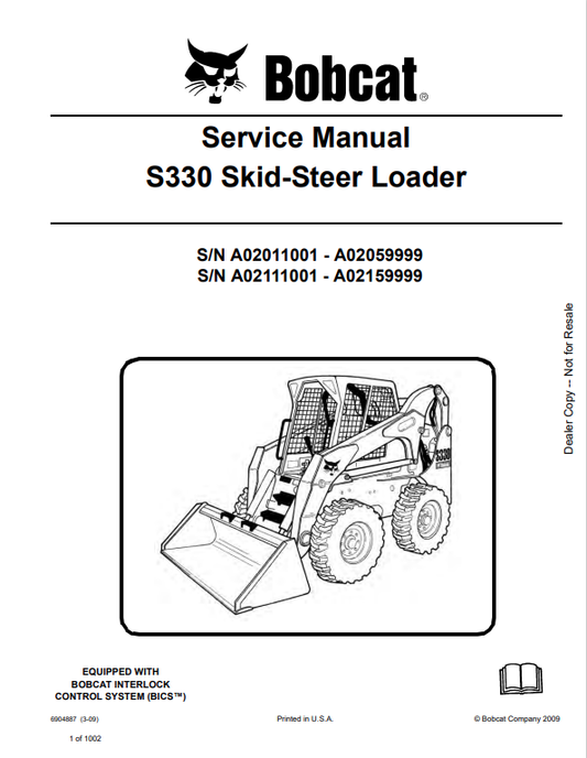 BOBCAT S330 SKID STEER LOADER SERVICE MANUAL 6904887 PDF