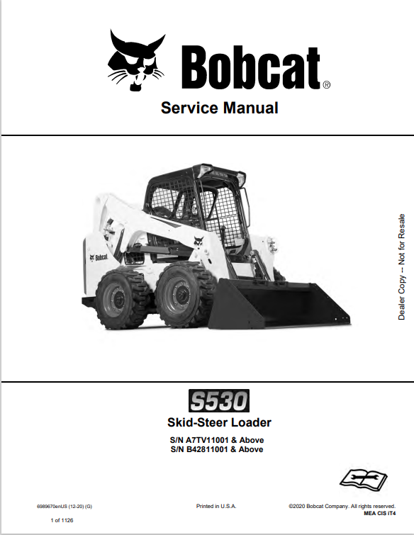 BOBCAT S530 SKID STEER LOADER SERVICE MANUAL 6989670 PDF