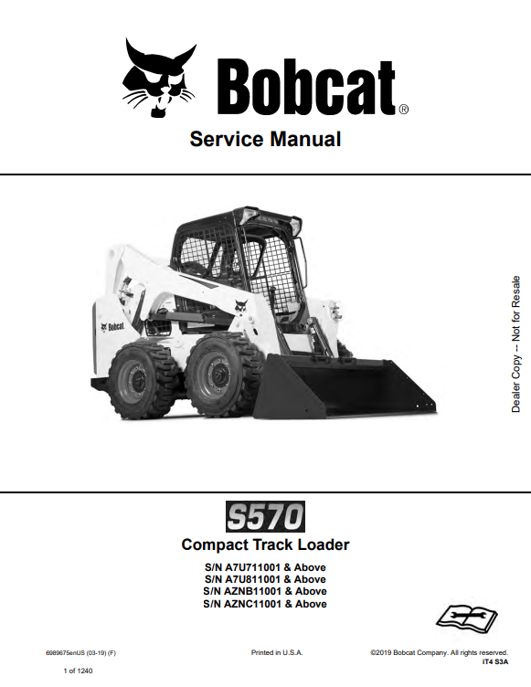 BOBCAT S570 COMPACT TRACK LOADER SERVICE MANUAL 6989675 PDF
