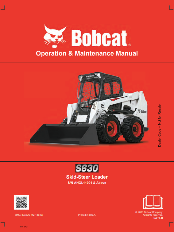 BOBCAT S630 SKID STEER LOADER OPERATION AND MAINTENANCE MANUAL 6990740 PDF
