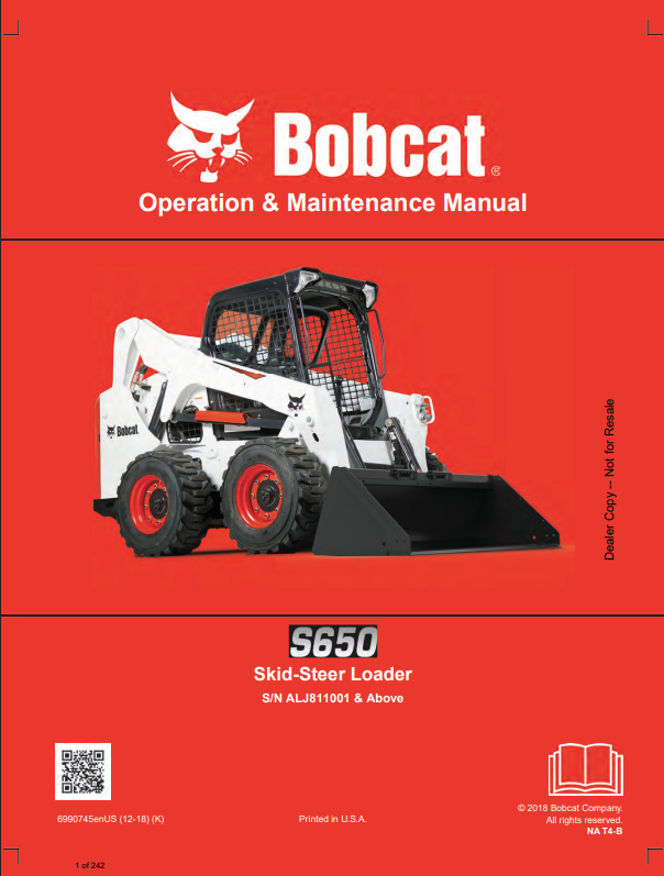 BOBCAT S650 SKID STEER LOADER OPERATION AND MAINTENANCE MANUAL 6990745 PDF