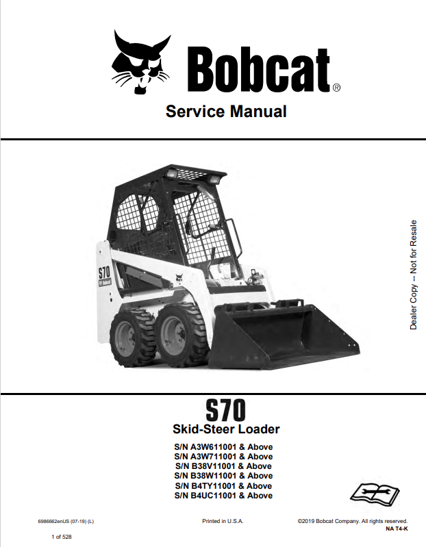 BOBCAT S70 SKID STEER LOADER SERVICE MANUAL 6986662 PDF