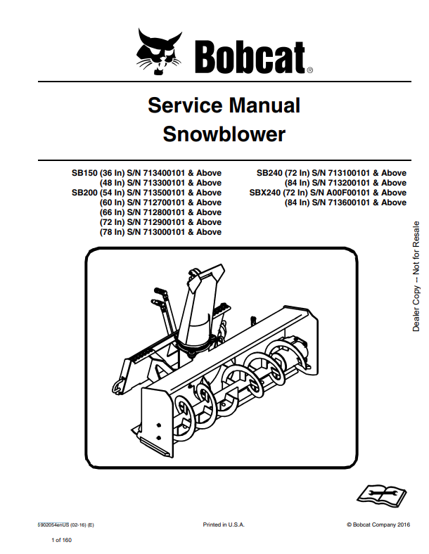 BOBCAT SB150, SB200, SB240, SBX240 SNOWBLOWER SERVICE MANUAL 6902054 PDF
