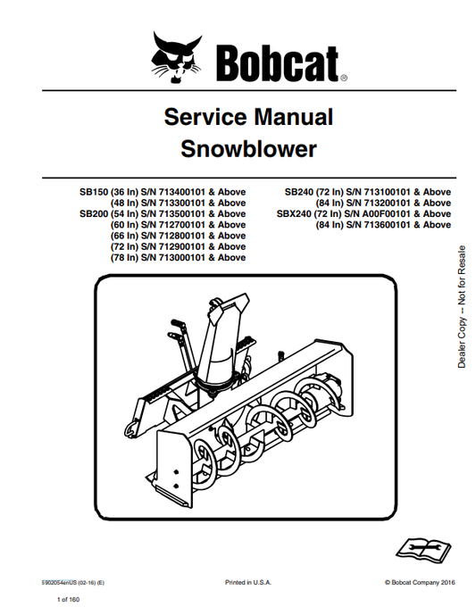 BOBCAT SB150, SB200, SB240, SBX240 SNOWBLOWER SERVICE MANUAL 6902054 PDF
