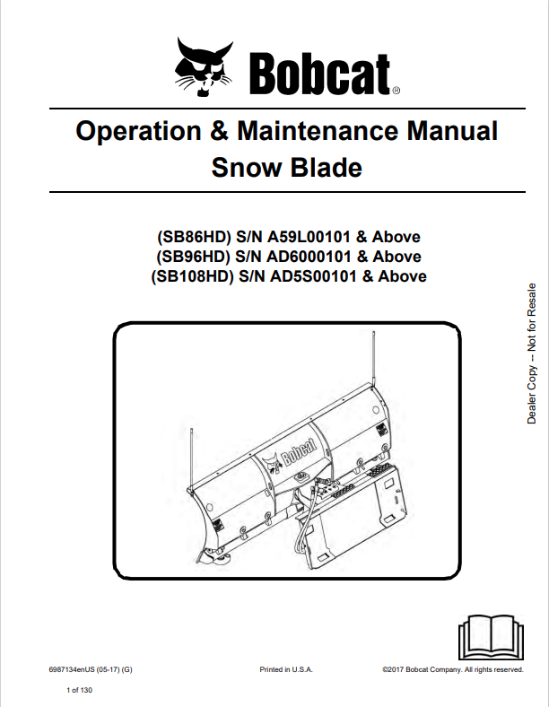 BOBCAT SB86HD, SB96HD, SB108HD SNOW BLADE OPERATION AND MAINTENANCE MANUAL 6987134 PDF