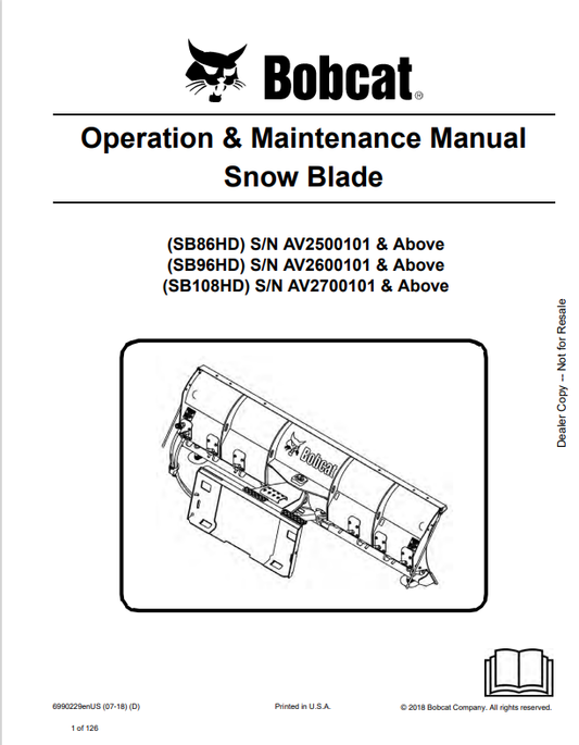 BOBCAT SB86HD, SB96HD, SB108HD SNOW BLADE OPERATION AND MAINTENANCE MANUAL 6990229 PDF