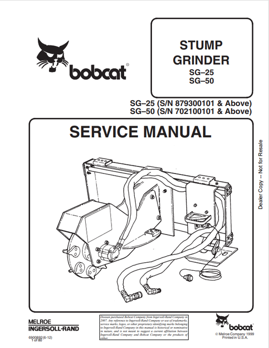 BOBCAT SG–25, SG–50 STUMP GRINDER SERVICE MANUAL 6901091 PDF