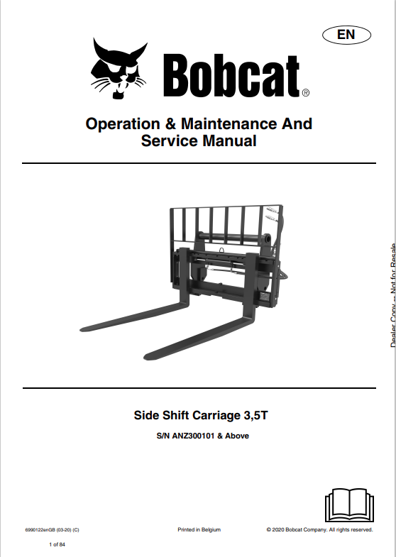 BOBCAT SIDE SHIFT CARRIAGE 3, 5T OPERATION, MAINTENANCE AND SERVICE MANUAL 6990122 PDF