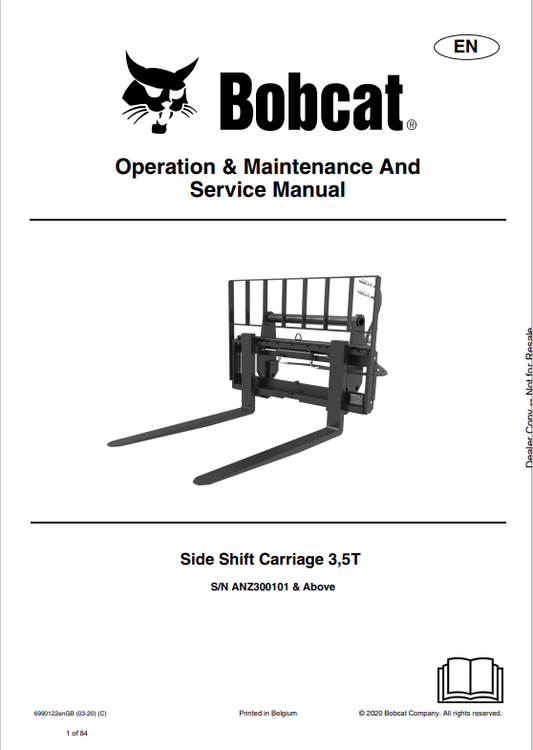 BOBCAT SIDE SHIFT CARRIAGE 3, 5T OPERATION, MAINTENANCE AND SERVICE MANUAL 6990122 PDF
