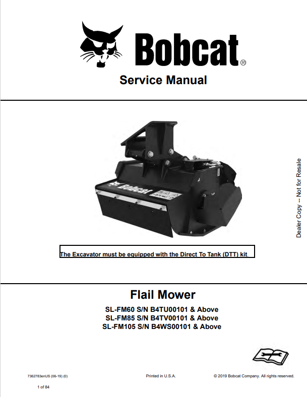 BOBCAT SL-FM60, SL-FM85, SL-FM105 FLAIL MOWER SERVICE MANUAL 7362783 PDF