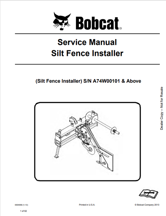 BOBCAT SLIT FENCE INSTALLER SERVICE MANUAL 6904966 PDF