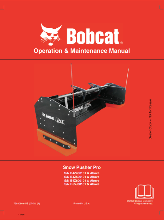 BOBCAT SNOW PUSHER PRO OPERATION AND MAINTENANCE MANUAL 7393096 PDF
