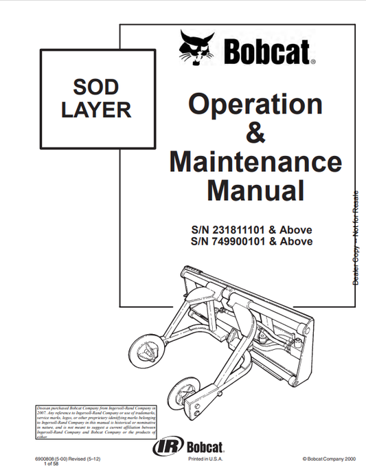 BOBCAT SOD LAYER OPERATION AND MAINTENANCE MANUAL 6900808 PDF