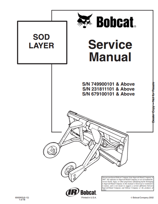 BOBCAT SOD LAYER SERVICE MANUAL 6900903 PDF