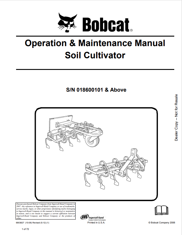 BOBCAT SOIL CULTIVATOR OPERATION AND MAINTENANCE MANUAL 6903827 PDF