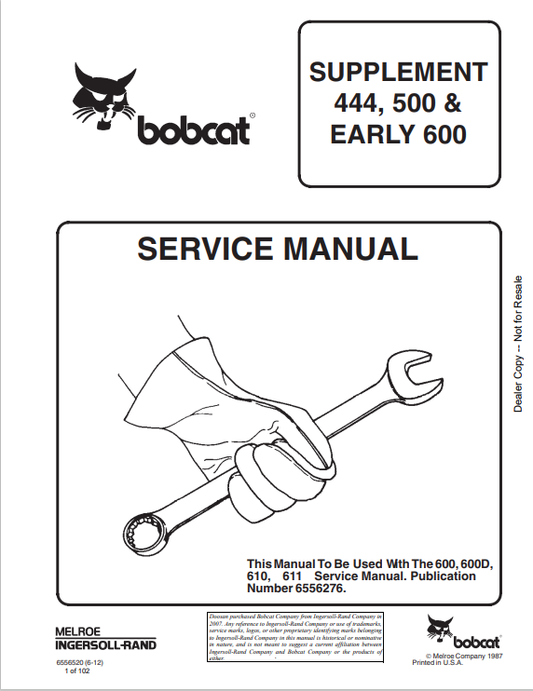 BOBCAT SUPPLEMENT 444, 500 AND EARLY 600 SERVICE MANUAL 6556520 PDF
