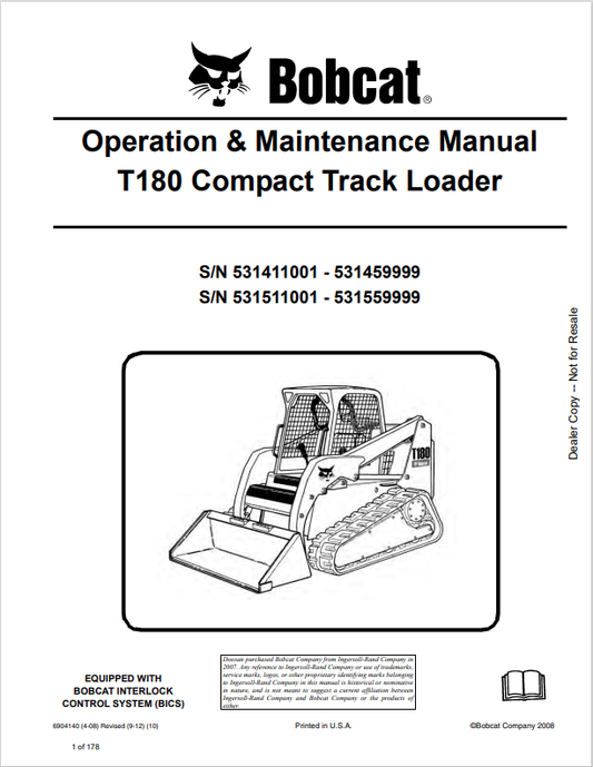 BOBCAT T180 COMPACT TRACK LOADER OPERATION AND MAINTENANCE MANUAL 6904140 PDF