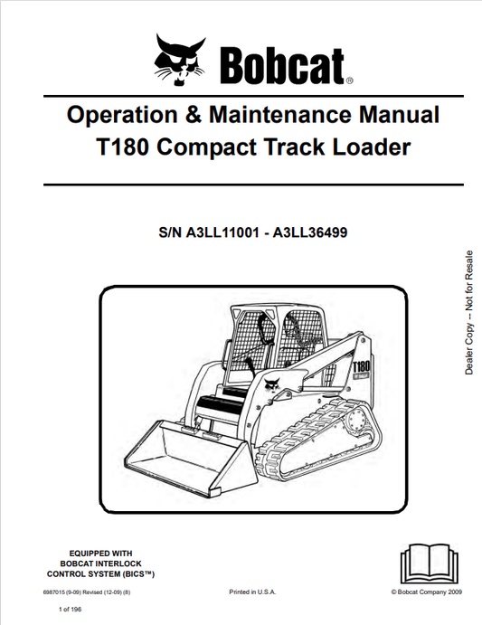 BOBCAT T180 COMPACT TRACK LOADER OPERATION AND MAINTENANCE MANUAL 6987015 PDF