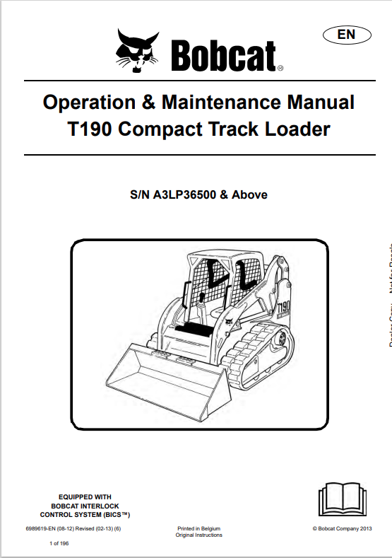 BOBCAT T190 COMPACT TRACK LOADER OPERATION AND MAINTENANCE MANUAL 6989619 PDF