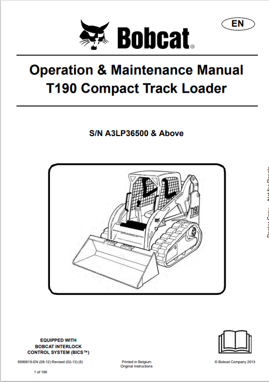 BOBCAT T190 COMPACT TRACK LOADER OPERATION AND MAINTENANCE MANUAL 6989619 PDF