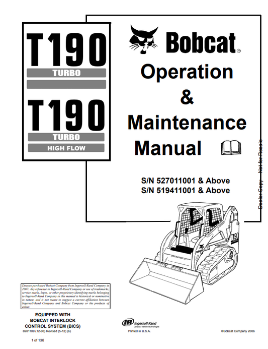 BOBCAT T190 TURBO , 190 TURBO HIGH FLOW COMPACT TRACK LOADER OPERATION AND MAINTENANCE MANUAL 6901109 PDF