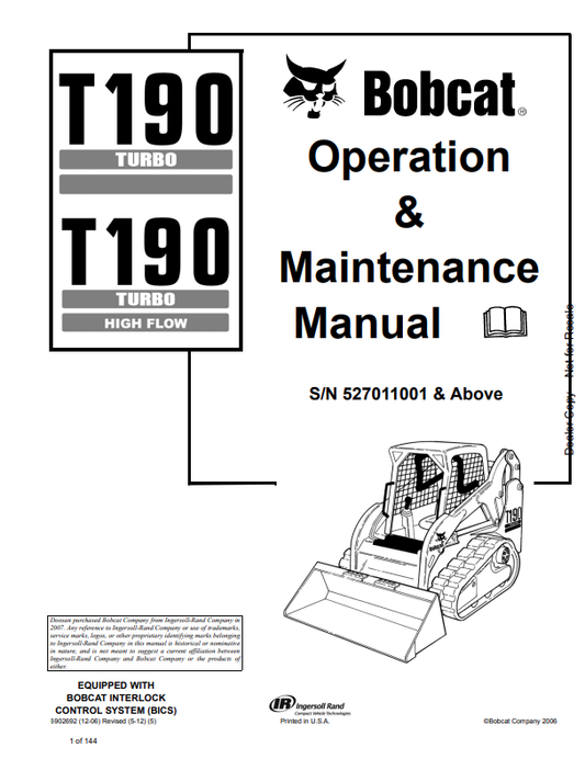 BOBCAT T190 TURBO , 190 TURBO HIGH FLOW COMPACT TRACK LOADER OPERATION AND MAINTENANCE MANUAL 6902692 PDF