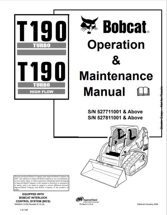 BOBCAT T190 TURBO, 190 TURBO HIGH FLOW COMPACT TRACK LOADER OPERATION AND MAINTENANCE MANUAL 6902822 PDF