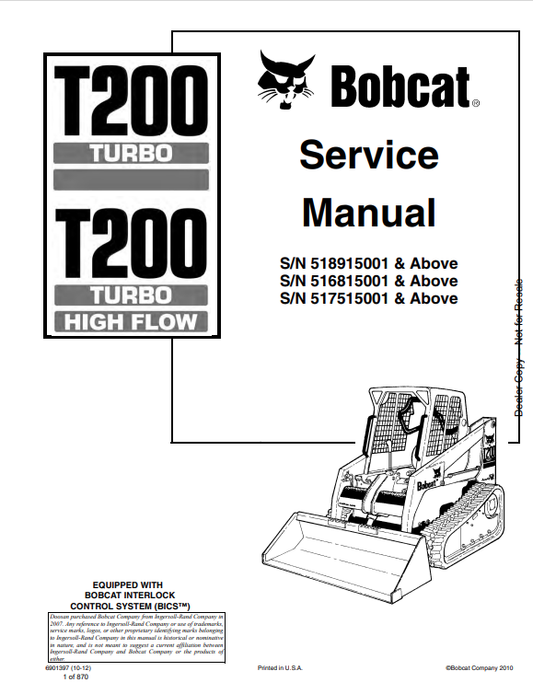 BOBCAT T200 TURBO, T200 TURBO HIGH FLOW COMPACT TRACK LOADER SERVICE MANUAL PDF