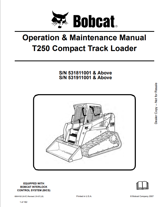 BOBCAT T250 COMPACT TRACK LOADER OPERATION AND MAINTENANCE MANUAL 6904162 PDF