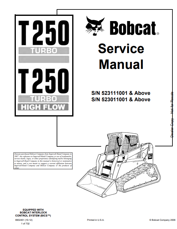 BOBCAT T250 TURBO, T250 TURBO HIGH FLOW COMPACT TRACK LOADER SERVICE MANUAL PDF