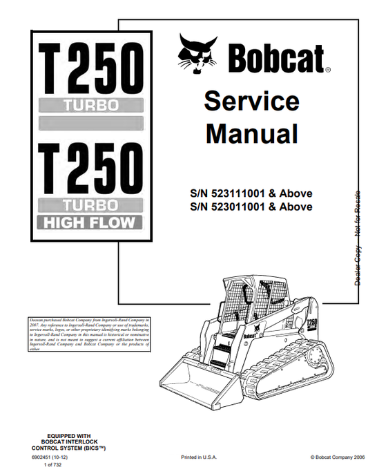 BOBCAT T250 TURBO, T250 TURBO HIGH FLOW COMPACT TRACK LOADER SERVICE MANUAL PDF
