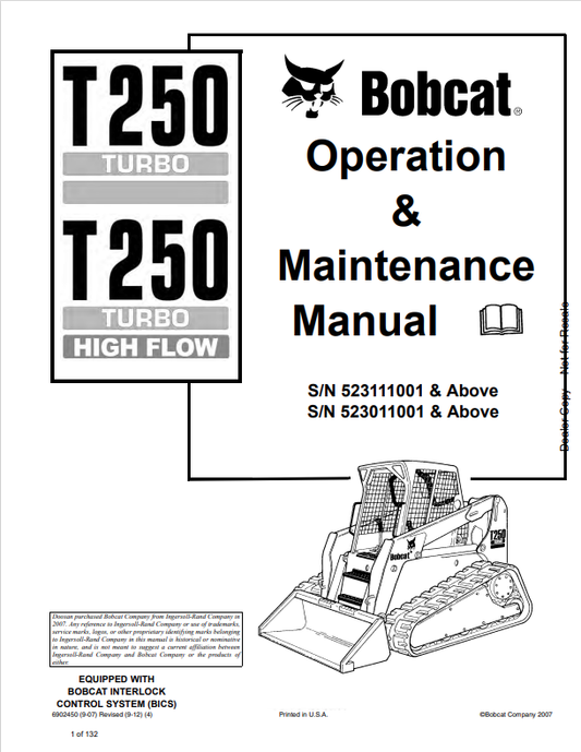 BOBCAT T250 TURBO, T250 TURBO HIGH FLOW OPERATION AND MAINTENANCE MANUAL 6902450 PDF