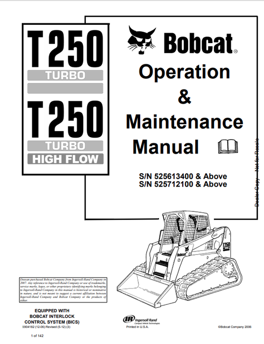 BOBCAT T250 TURBO, T250 TURBO HIGH FLOW OPERATION AND MAINTENANCE MANUAL 6904182 PDF