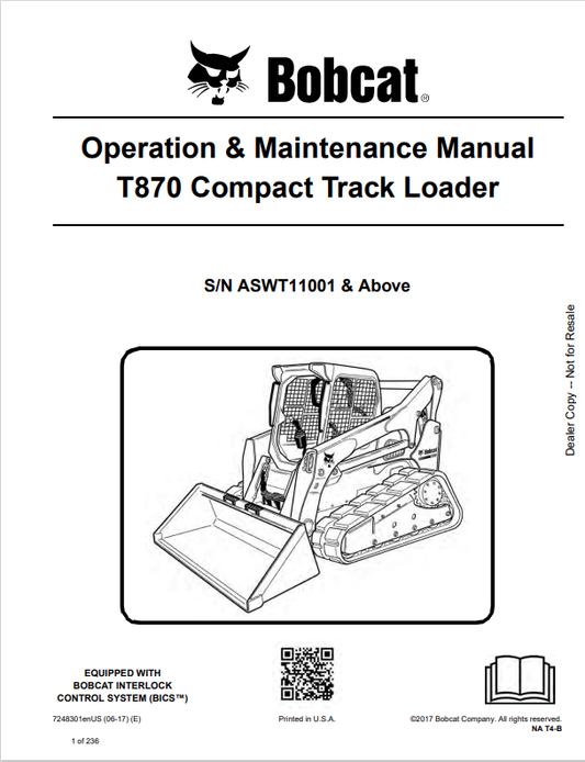BOBCAT T870 COMPACT TRACK LOADER OPERATION AND MAINTENANCE MANUAL 7248301 PDF