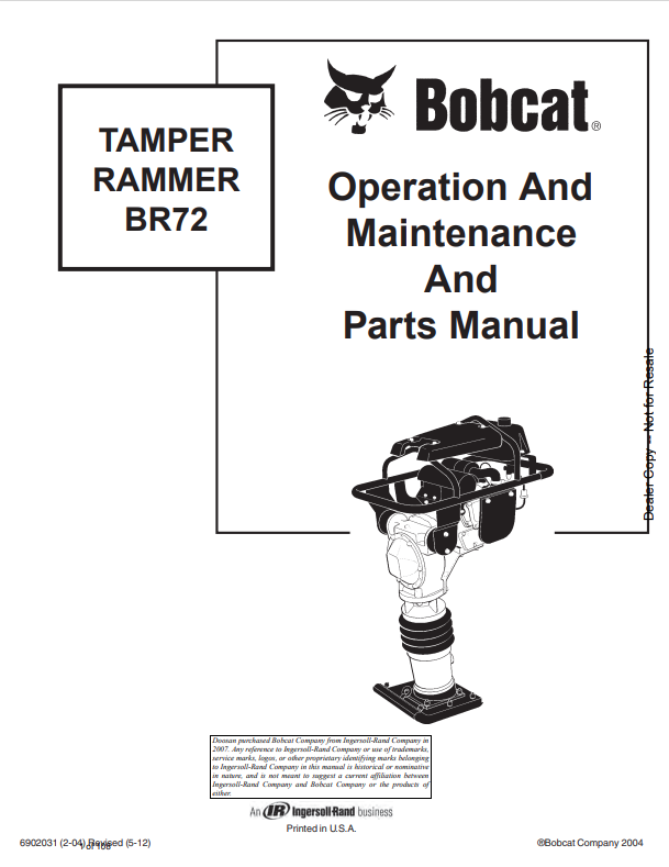 BOBCAT TAMPER RAMMER BR72 OPERATION, MAINTENANCE AND PARTS MANUAL 6902031 PDF