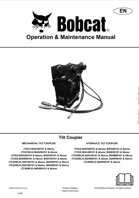 BOBCAT TC01, TC01WLH, TC03, TC03, TC03WLH, TC03WLH, TC08WLH, TC03, TC03, TC03WLH, TC03WLH, TC08WLH TILT COUPLER OPERATION AND MAINTENANCE MANUAL 7332567 PDF