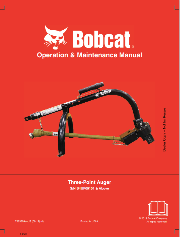 BOBCAT THREE-POINT AUGER OPERATION AND MAINTENANCE MANUAL 7383809 PDF