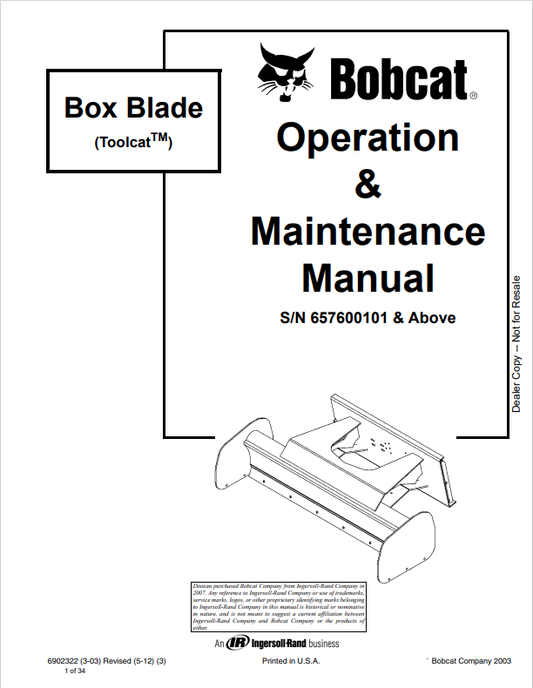 BOBCAT TOOLCAT BOX BLADE OPERATION AND MAINTENANCE MANUAL 6902322 PDF
