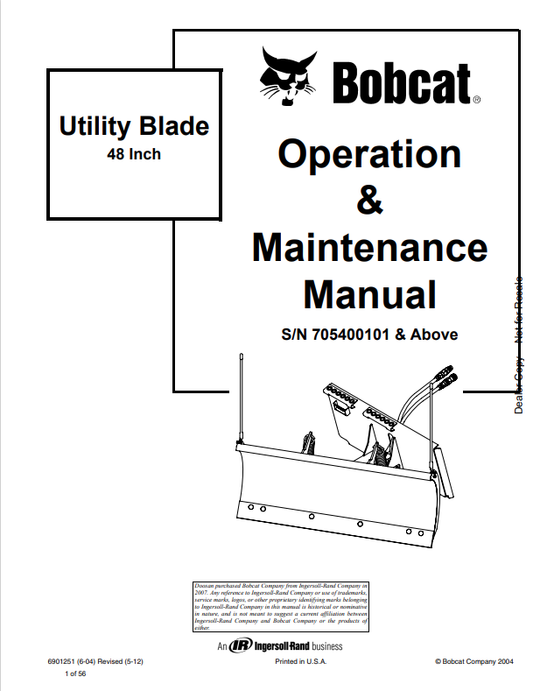 BOBCAT UTILITY BLADE 48 INCH OPERATION AND MAINTENANCE MANUAL 6901251 PDF