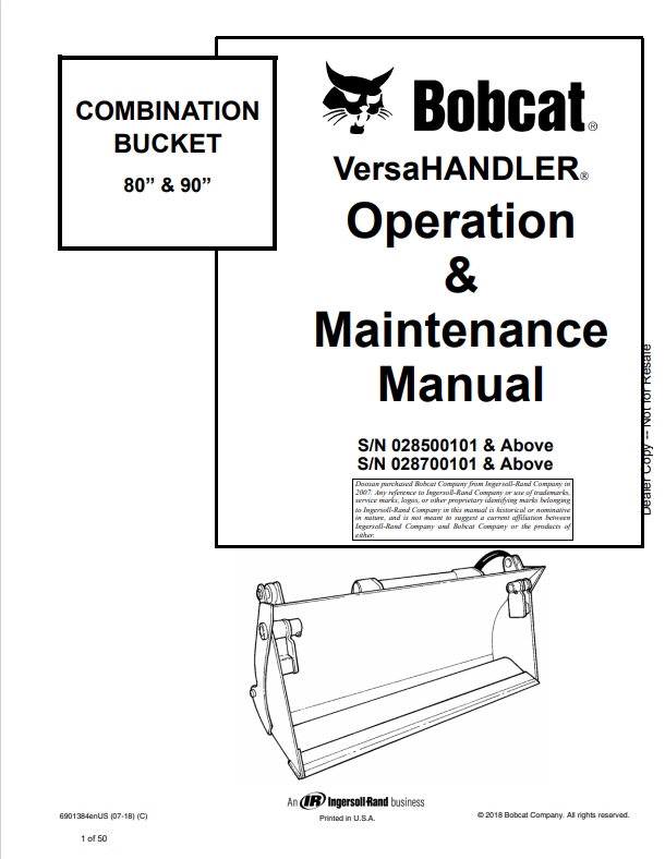 BOBCAT VERSAHANDLER 80 AND 90 INCH COMBINATION BUCKET OPERATION AND MAINTENANCE MANUAL 6901384 PDF